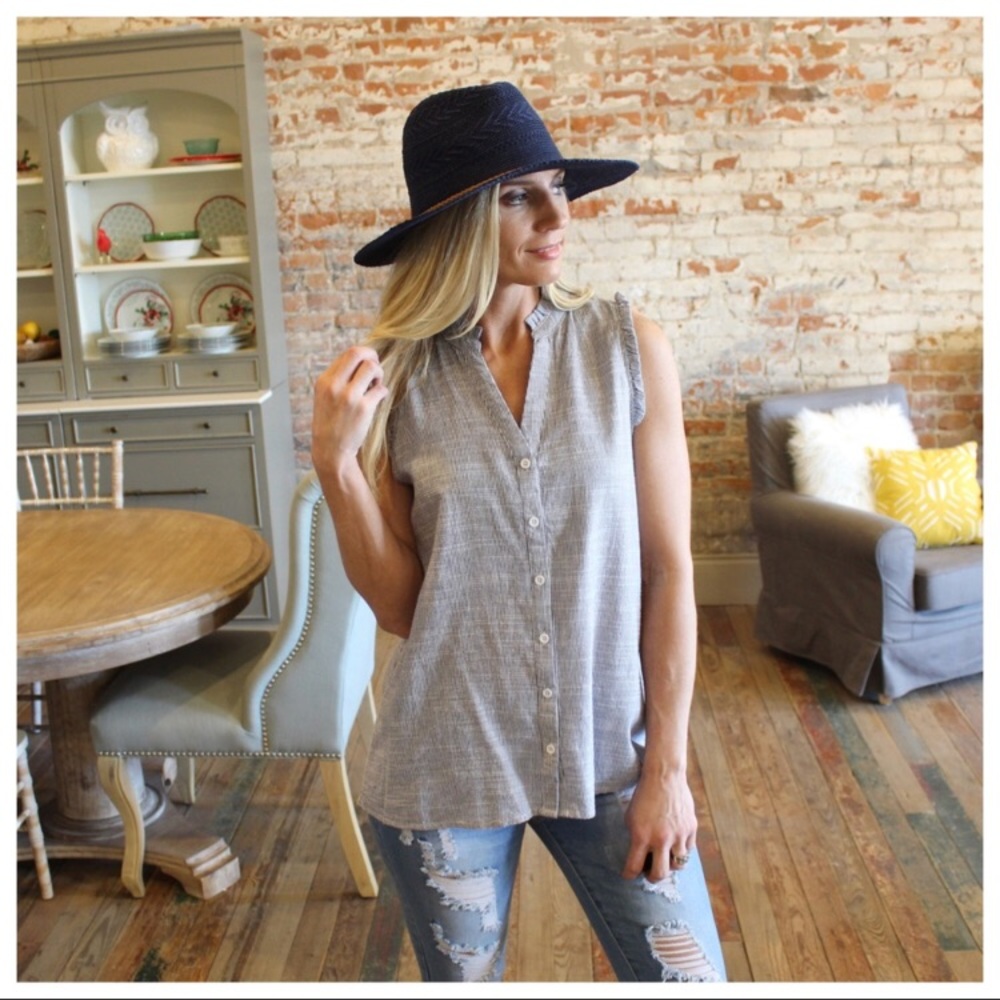 Grey Pinstriped Button Down with Ruffle Trim